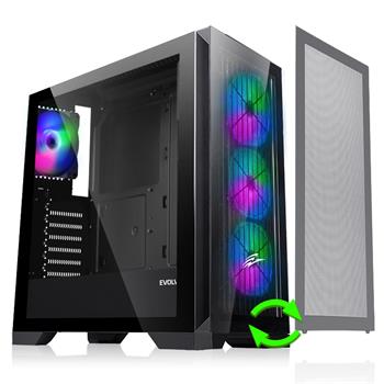 EVOLVEO Ptero Q2+, počítačová skříň ATX, 2x čelní panel - sklo /mřížka, 4x ARGB ventilátor, černá